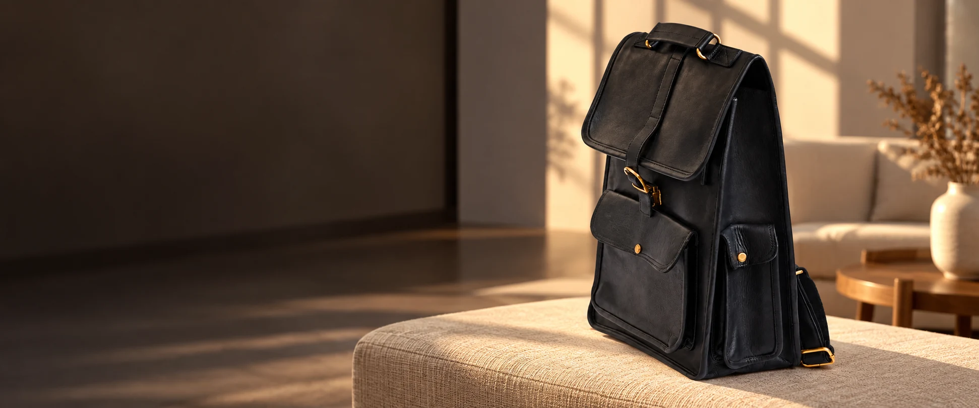 Buckle-Flap Leather Backpack displayed on a linen-covered bench in a bright work lounge