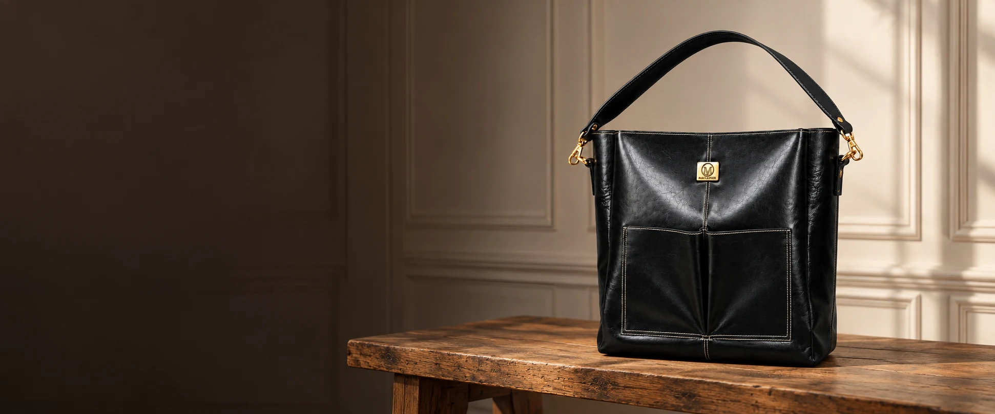 Double-Pocket Leather Tote Bag displayed on a timber bench against warm cream panelling