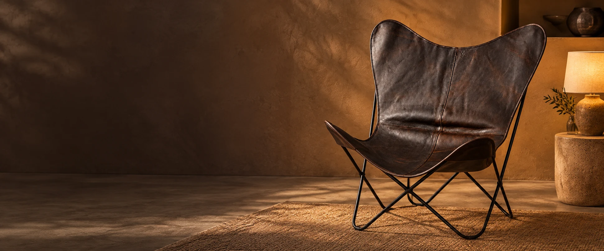 Leather Butterfly Chair Cover styled in a hospitality lounge with a textured clay wall