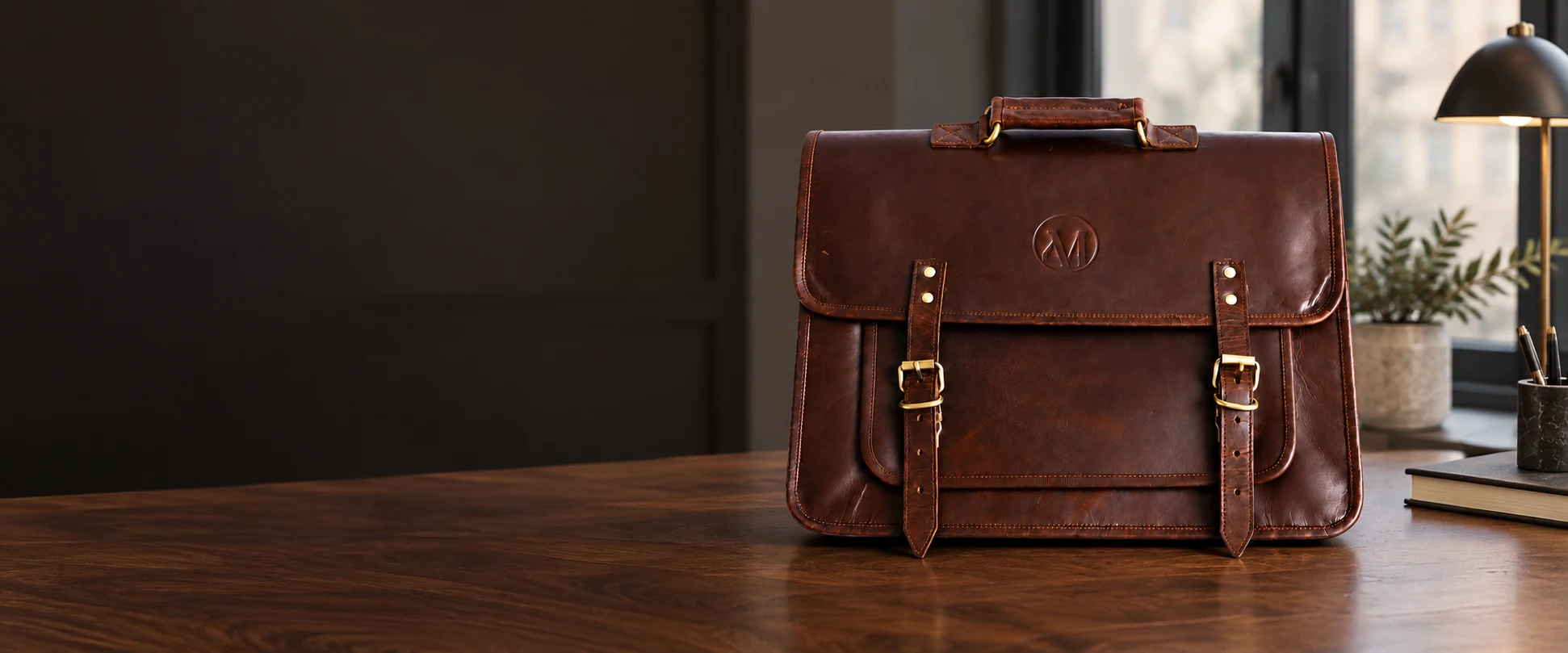 Compact Twin-Buckle Leather Messenger Bag displayed on a quiet walnut work desk in a modern office