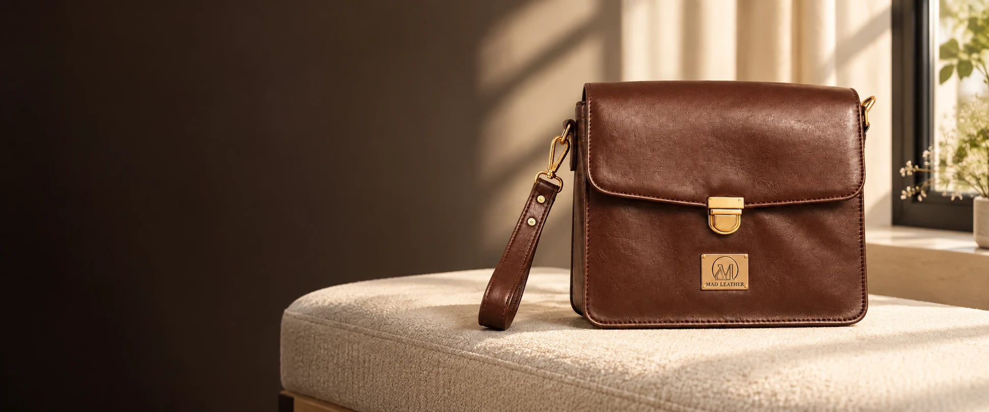 Leather Handheld Clutch displayed on a cream upholstered bench beside a window