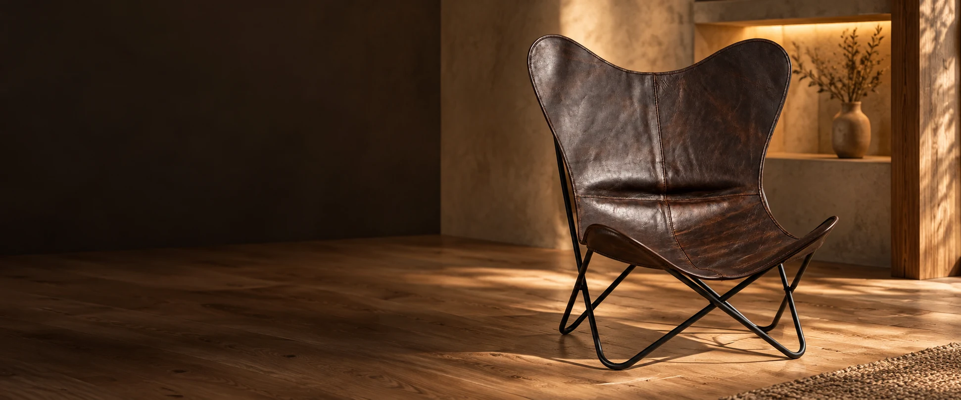 Leather Butterfly Chair Cover styled in a natural timber interior with a softly lit alcove