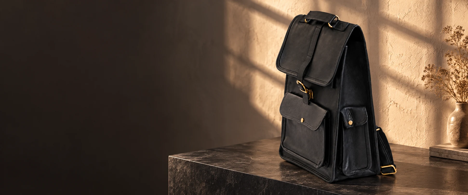 Buckle-Flap Leather Backpack displayed on a slate console beside a textured plaster wall