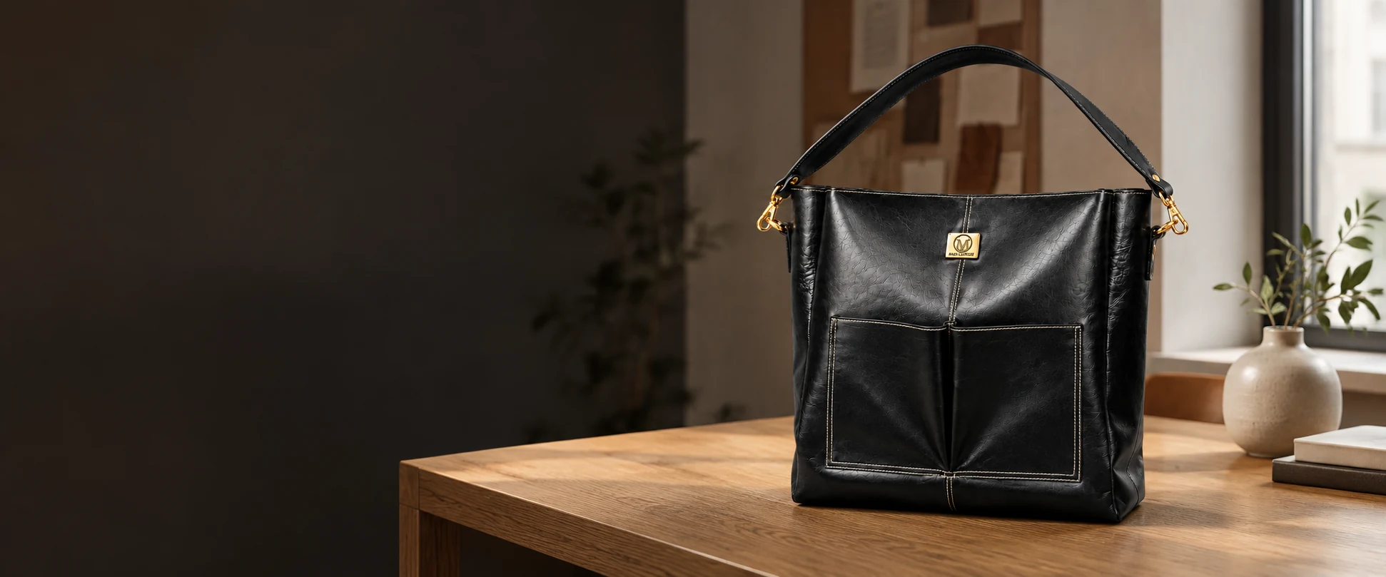 Double-Pocket Leather Tote Bag displayed on a clean oak table in a collection planning studio