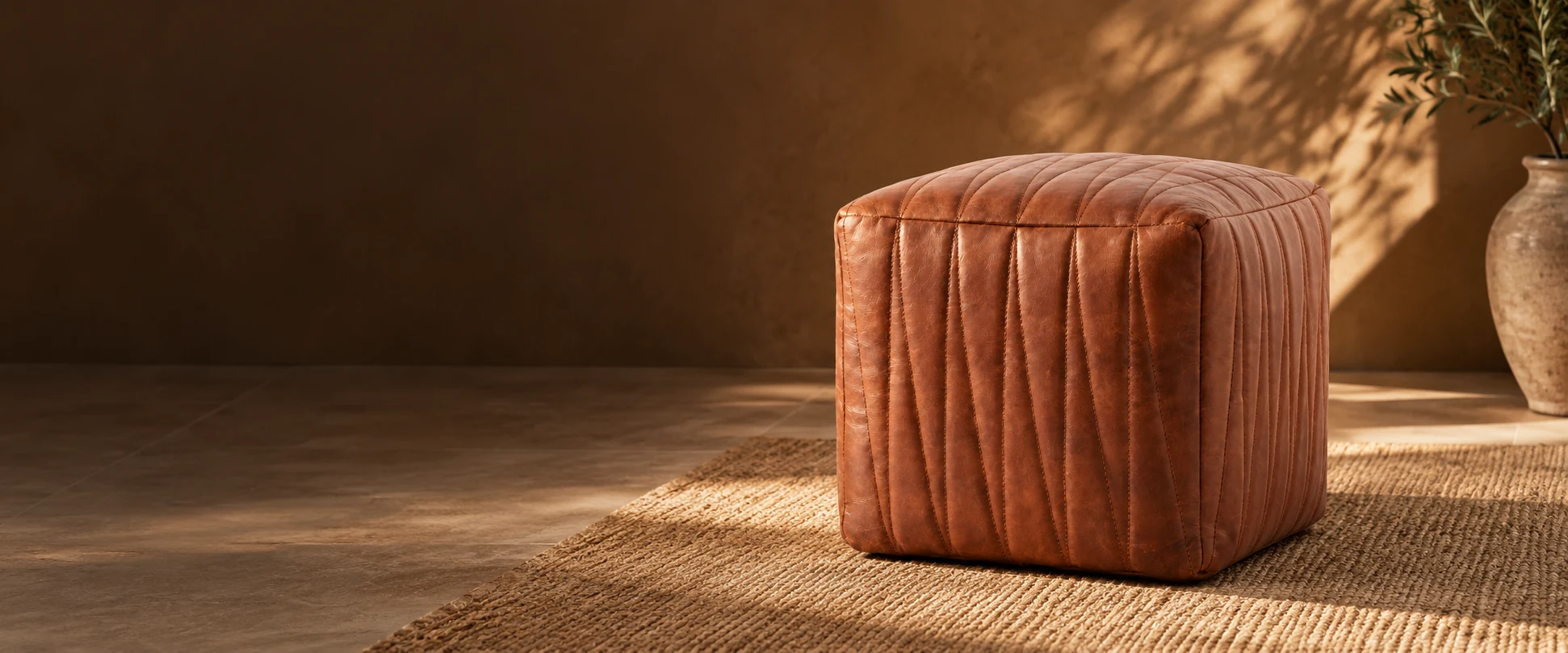 Square Leather Pouf Cover styled in a refined guest lounge with tobacco-toned walls