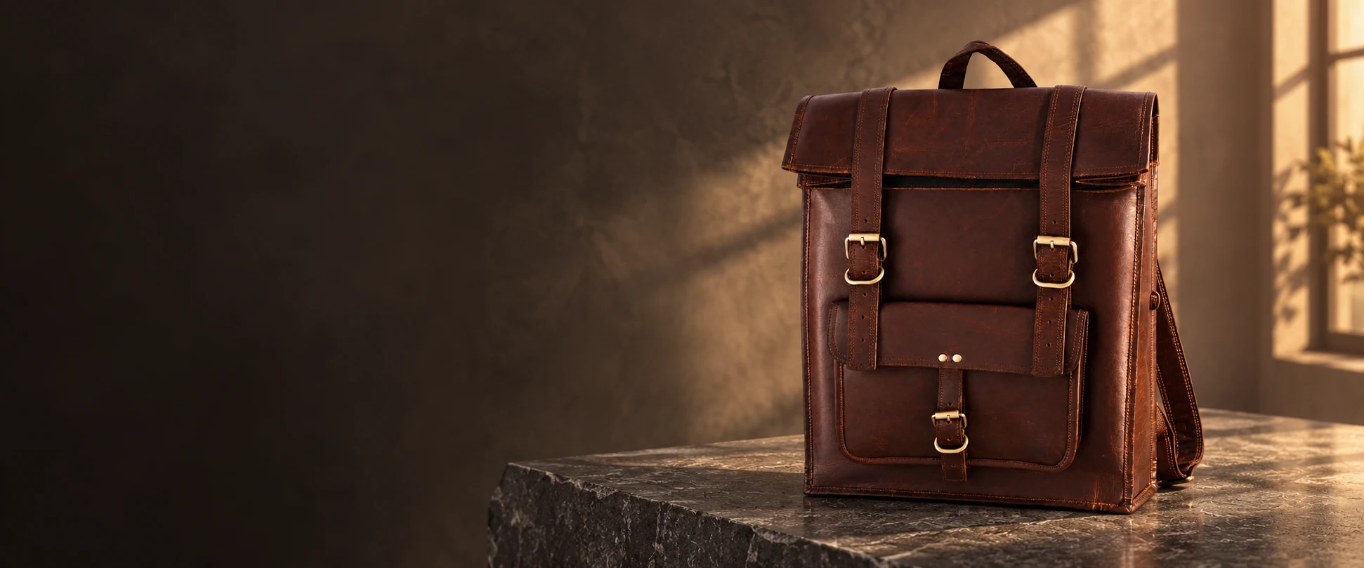 Leather Flap Backpack displayed on a charcoal stone display in a leather showroom