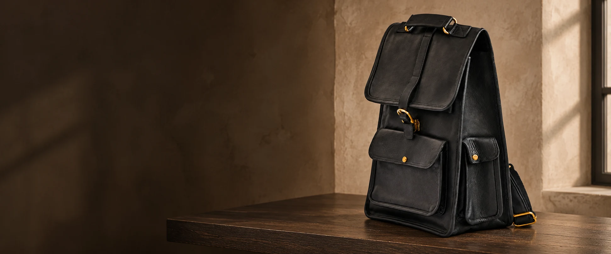 Buckle-Flap Leather Backpack displayed on a smoked oak shelf against warm plaster