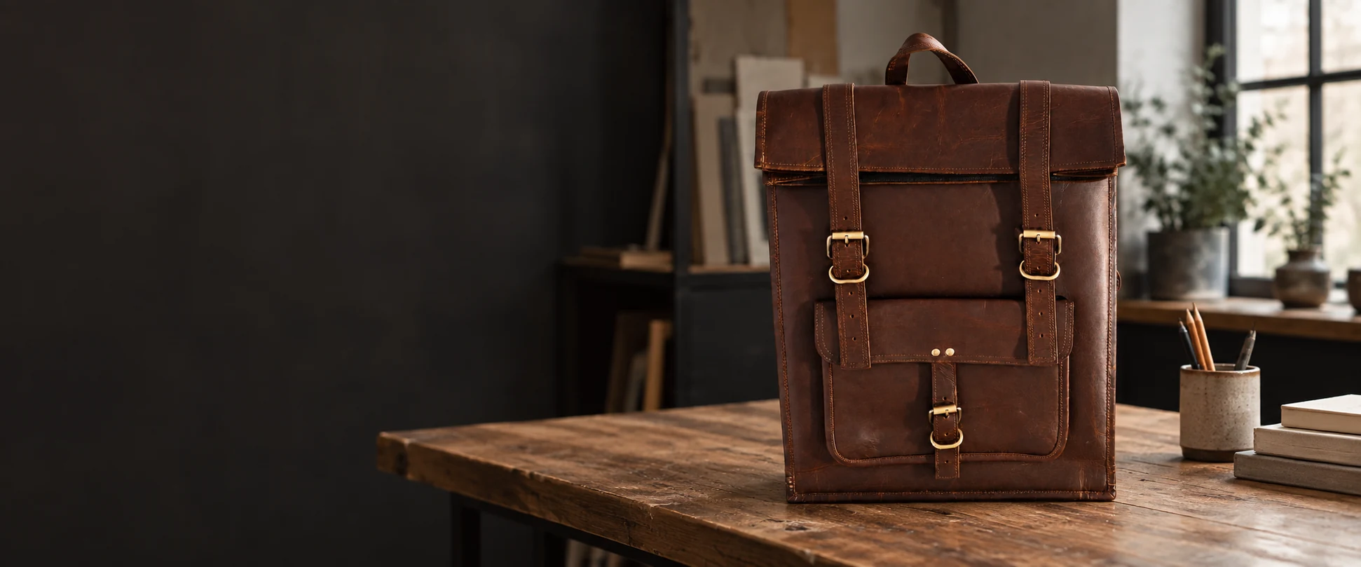 Leather Flap Backpack displayed on a work table in a contemporary design studio