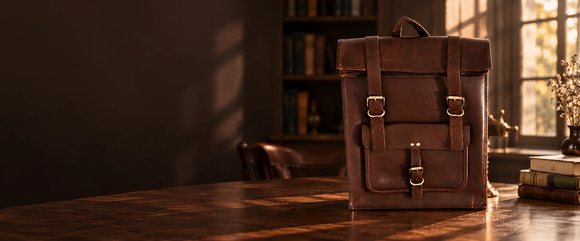 Leather Flap Backpack displayed on a low dark-wood table in a reading room