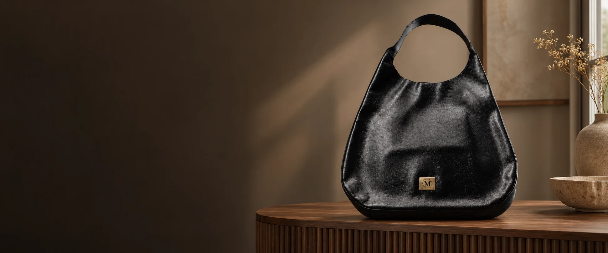 Oversized Leather Hobo Bag displayed on a fluted timber console in a quiet boutique