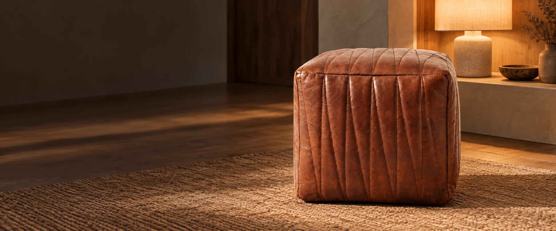 Square Leather Pouf Cover styled in a natural timber interior with a softly lit alcove