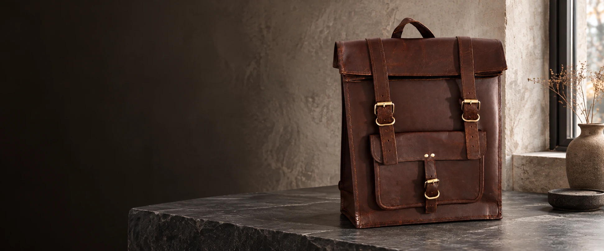 Leather Flap Backpack displayed on a slate console beside a textured plaster wall