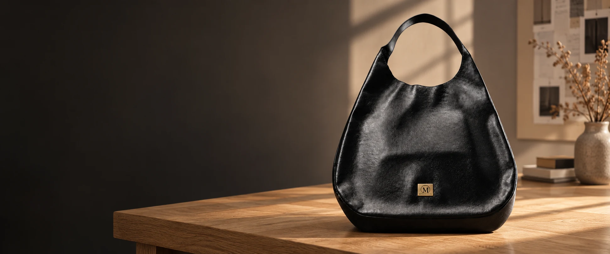 Oversized Leather Hobo Bag displayed on a clean oak table in a collection planning studio