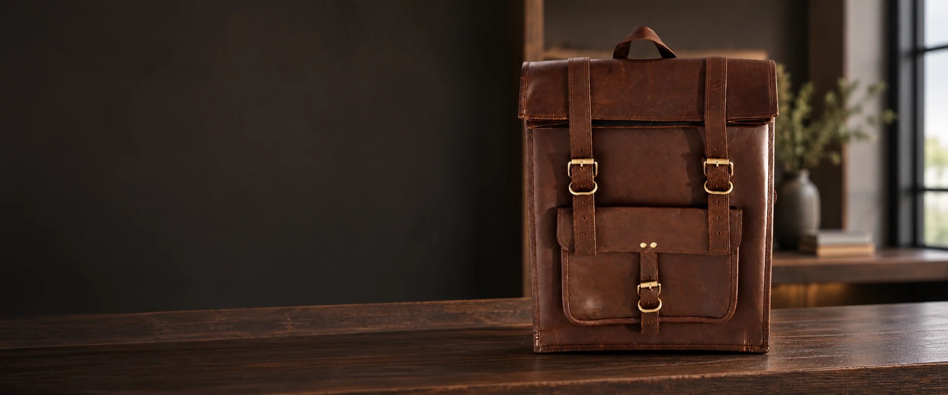 Leather Flap Backpack displayed on a dark timber counter in a clean retail showroom