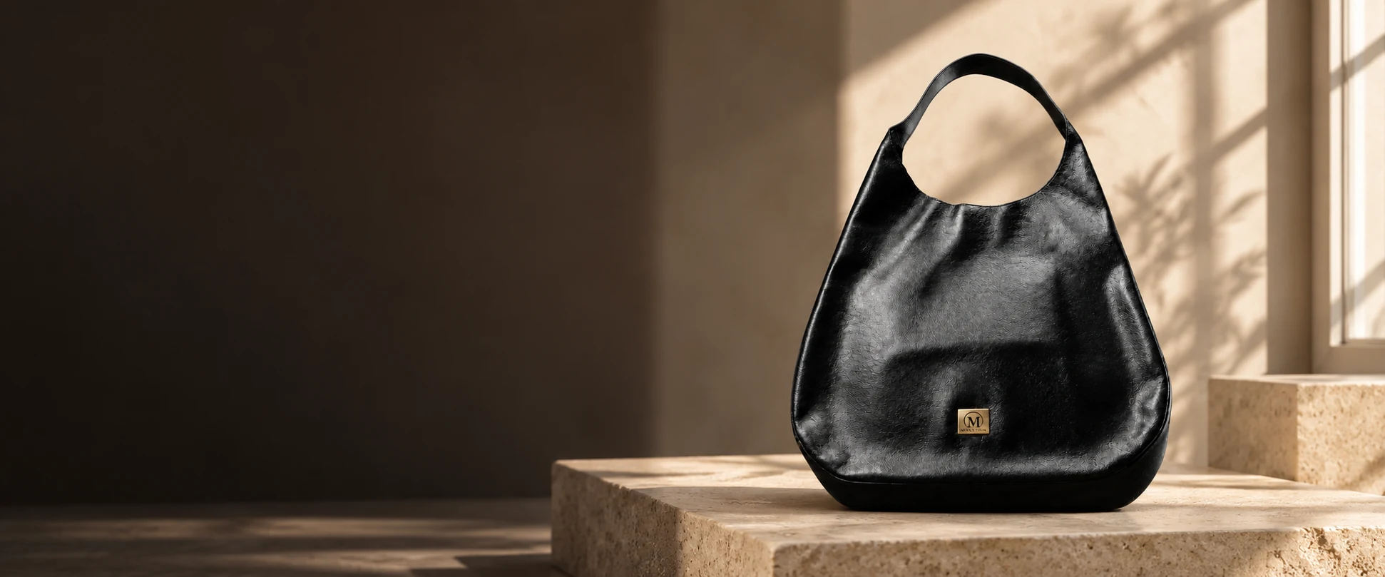 Oversized Leather Hobo Bag displayed on a sculpted stone pedestal by a softly lit window