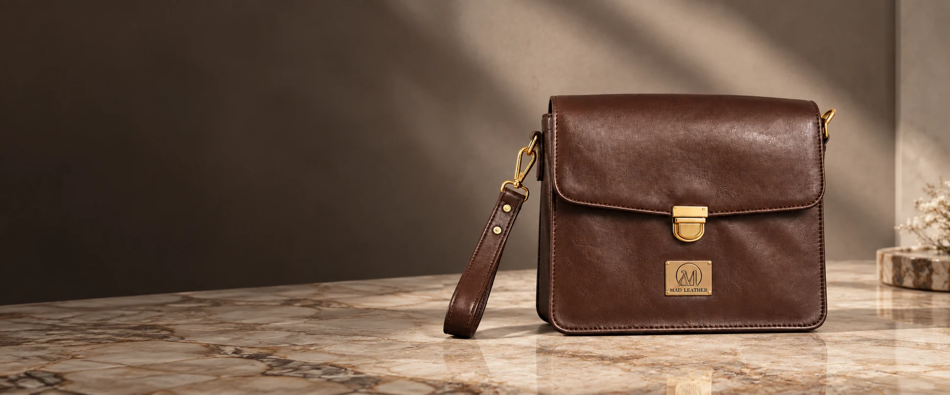 Leather Handheld Clutch displayed on a marble display table against a soft taupe wall