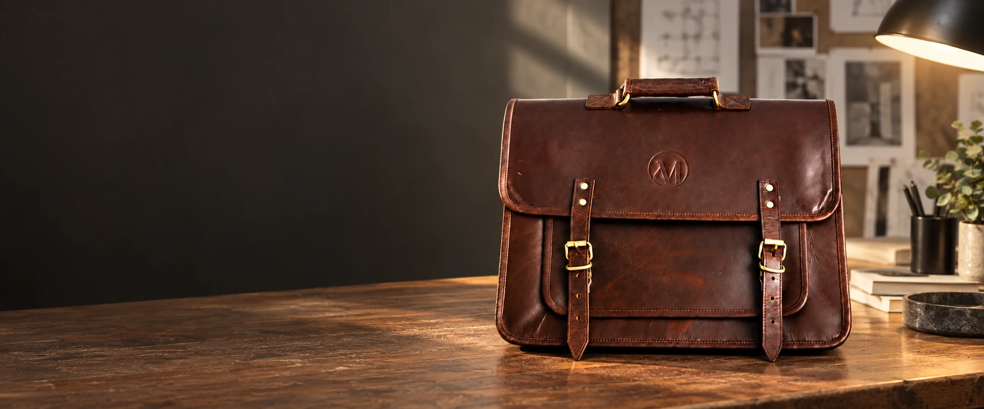 Compact Twin-Buckle Leather Messenger Bag displayed on a work table in a contemporary design studio