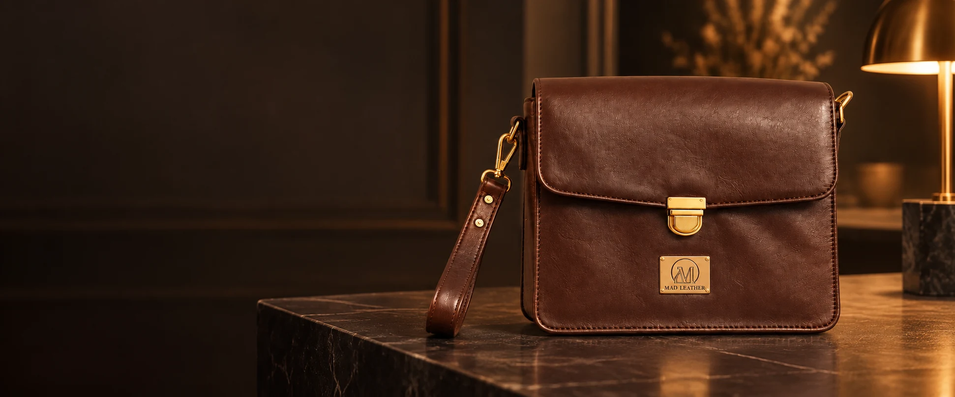 Leather Handheld Clutch displayed on a dark display table in an elegant showroom