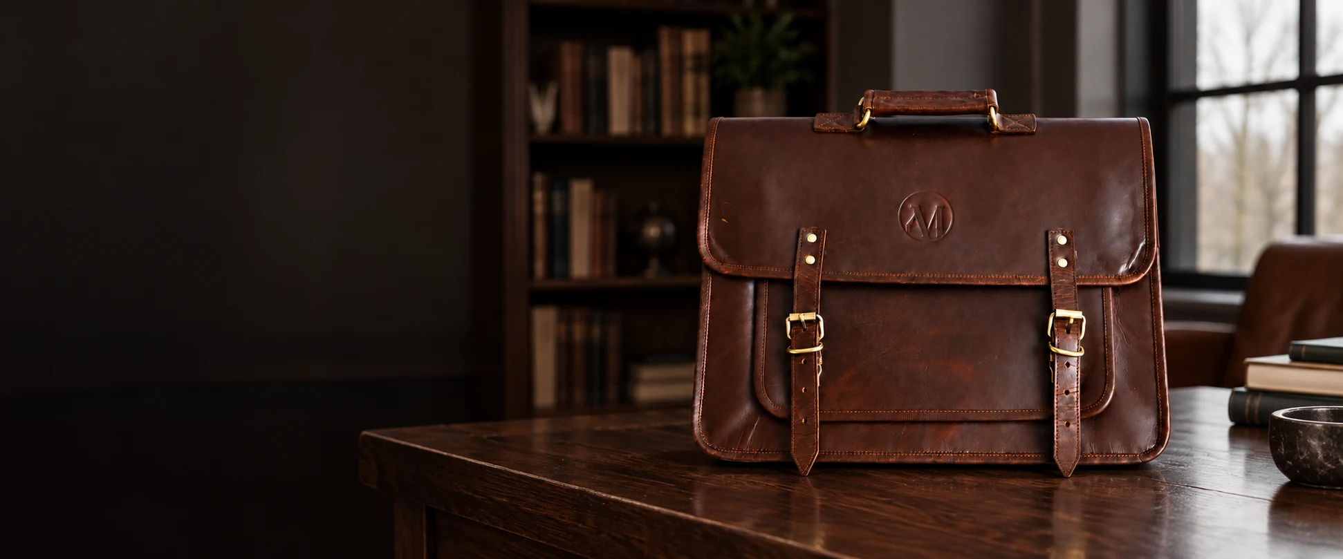 Compact Twin-Buckle Leather Messenger Bag displayed on a low dark-wood table in a reading room