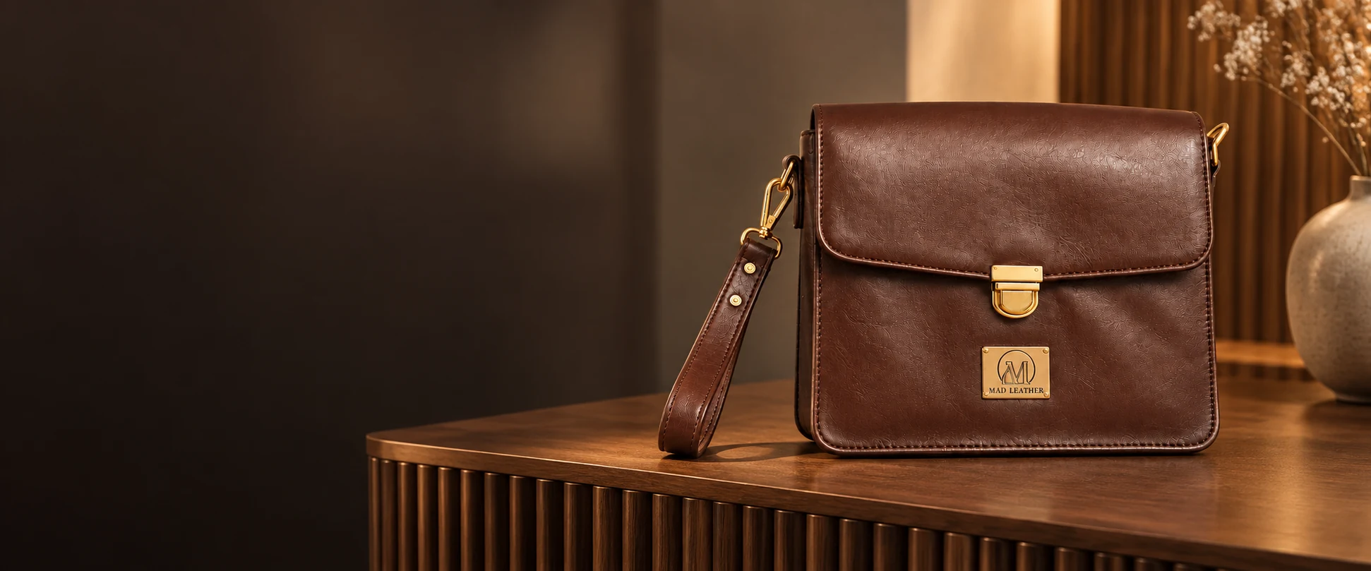 Leather Handheld Clutch displayed on a fluted timber console in a quiet boutique