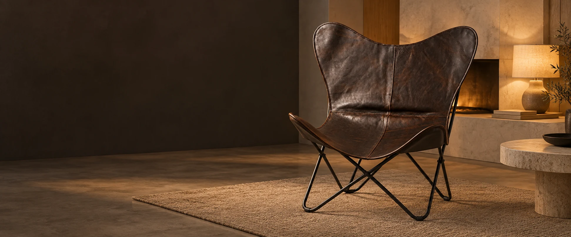 Leather Butterfly Chair Cover styled in a modern living room with pale stone and oak