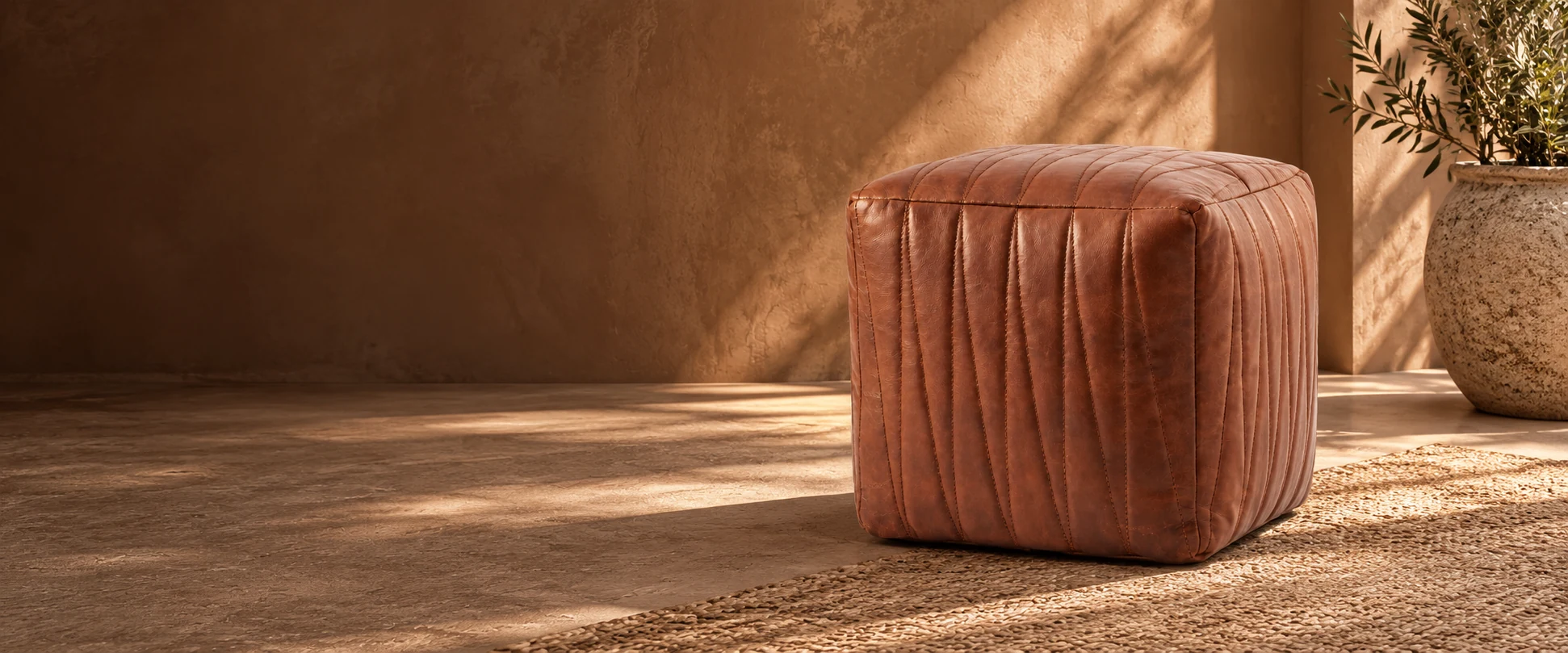 Square Leather Pouf Cover styled in a hospitality lounge with a textured clay wall