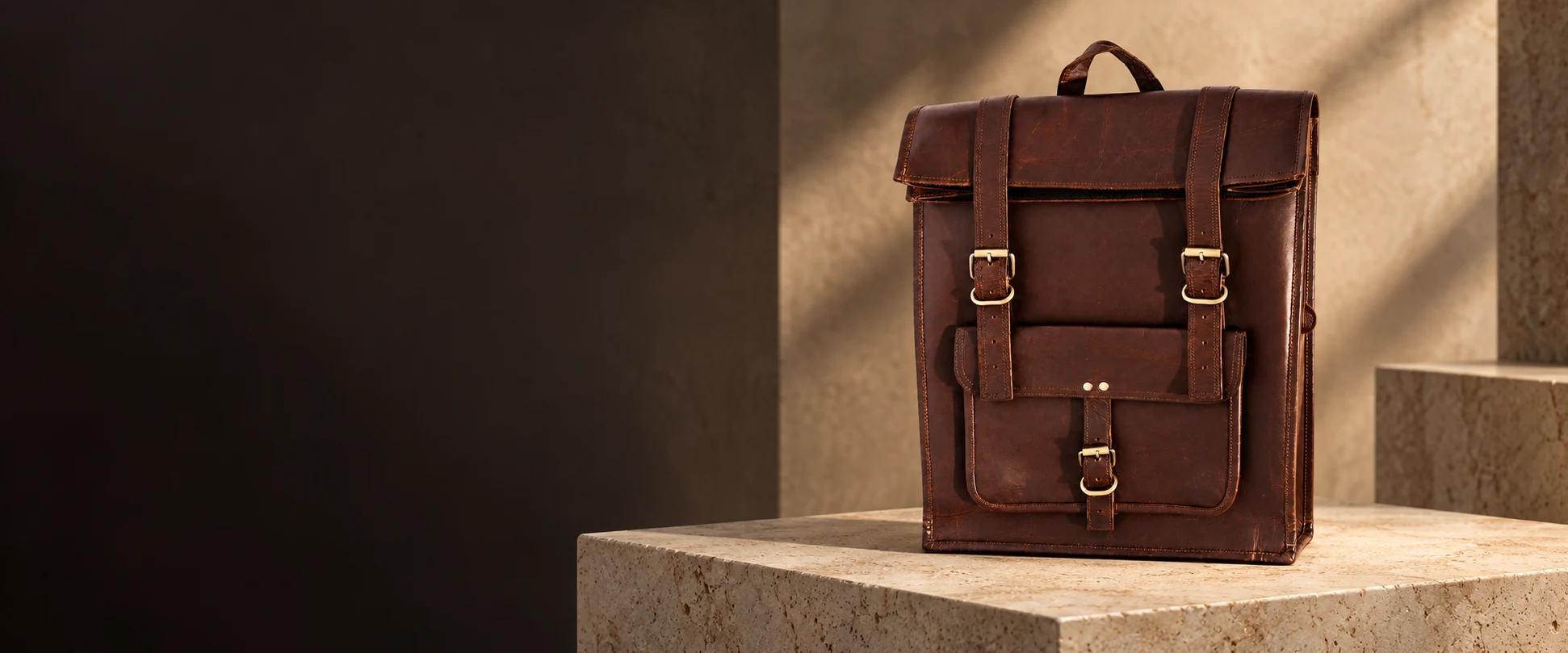 Leather Flap Backpack displayed on a stone pedestal in an understated gallery
