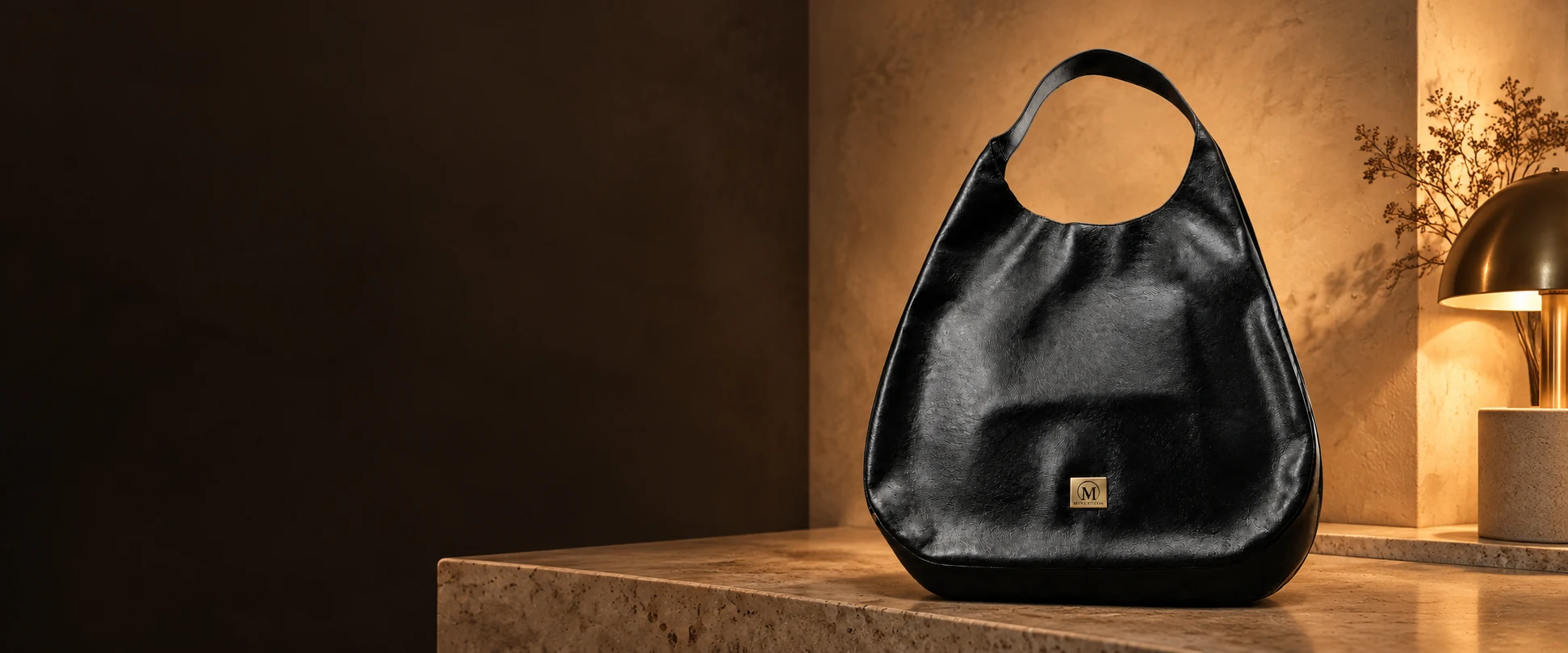 Oversized Leather Hobo Bag displayed on a boutique display table with warm plaster behind it