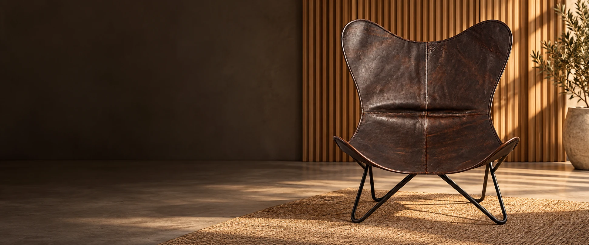 Leather Butterfly Chair Cover styled in a calm interior display with fluted timber panelling