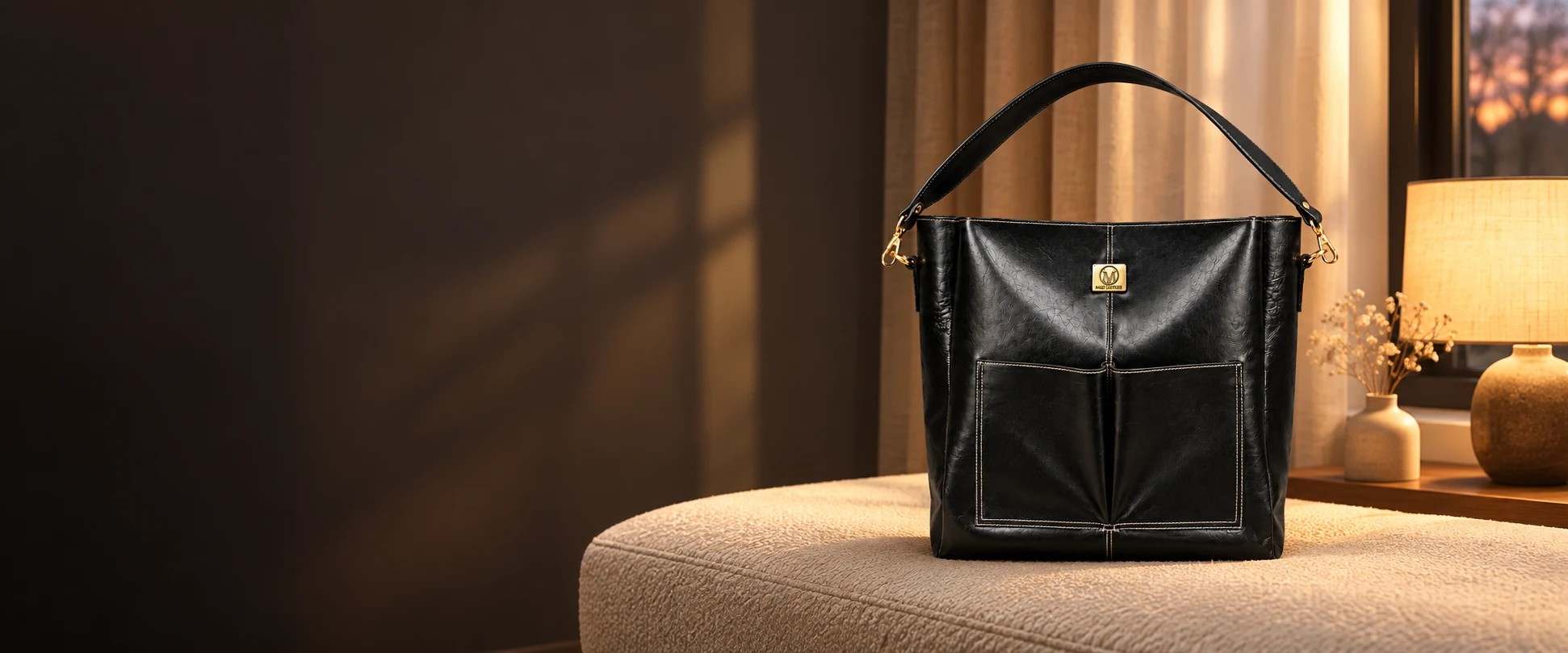 Double-Pocket Leather Tote Bag displayed on a cream upholstered bench beside a window