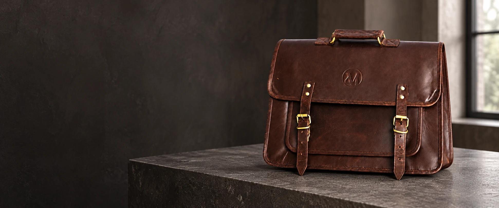 Compact Twin-Buckle Leather Messenger Bag displayed on a charcoal stone display in a leather showroom