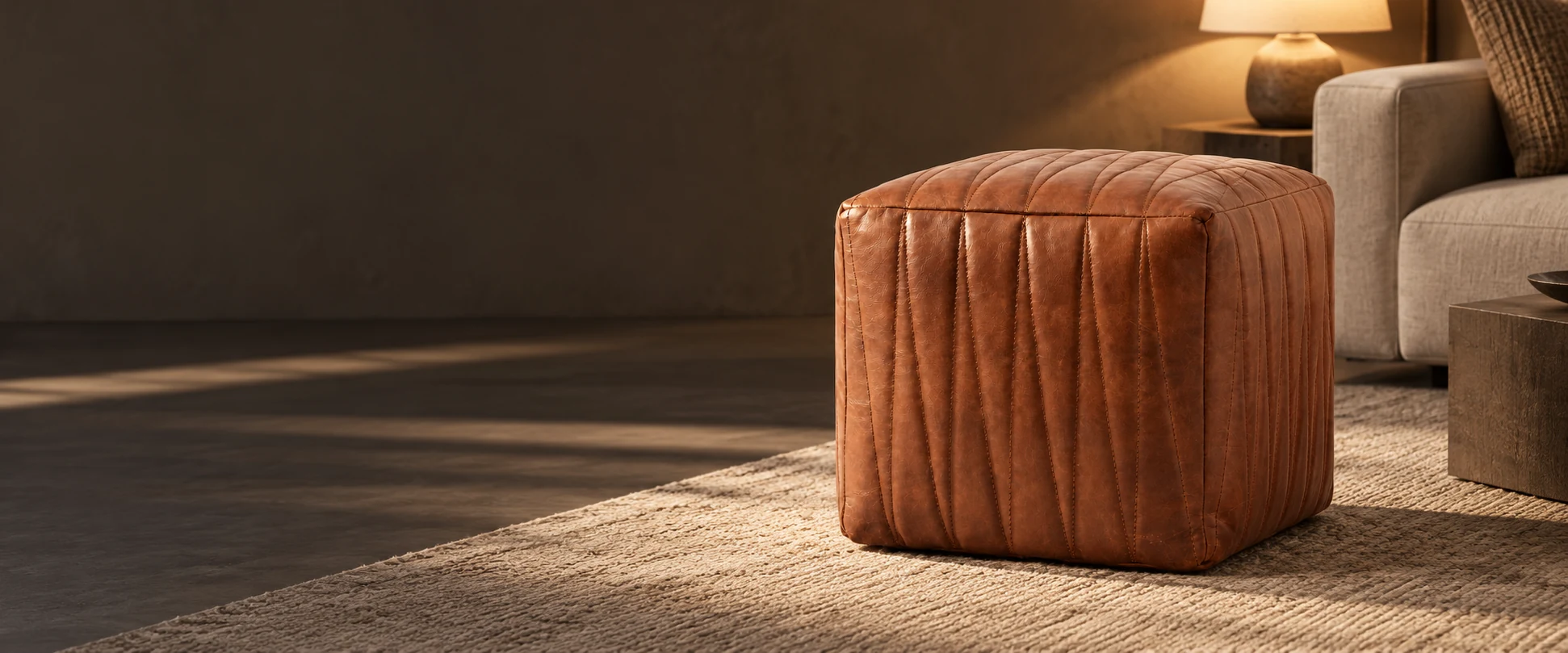 Square Leather Pouf Cover styled in a contemporary interior showroom with soft window light