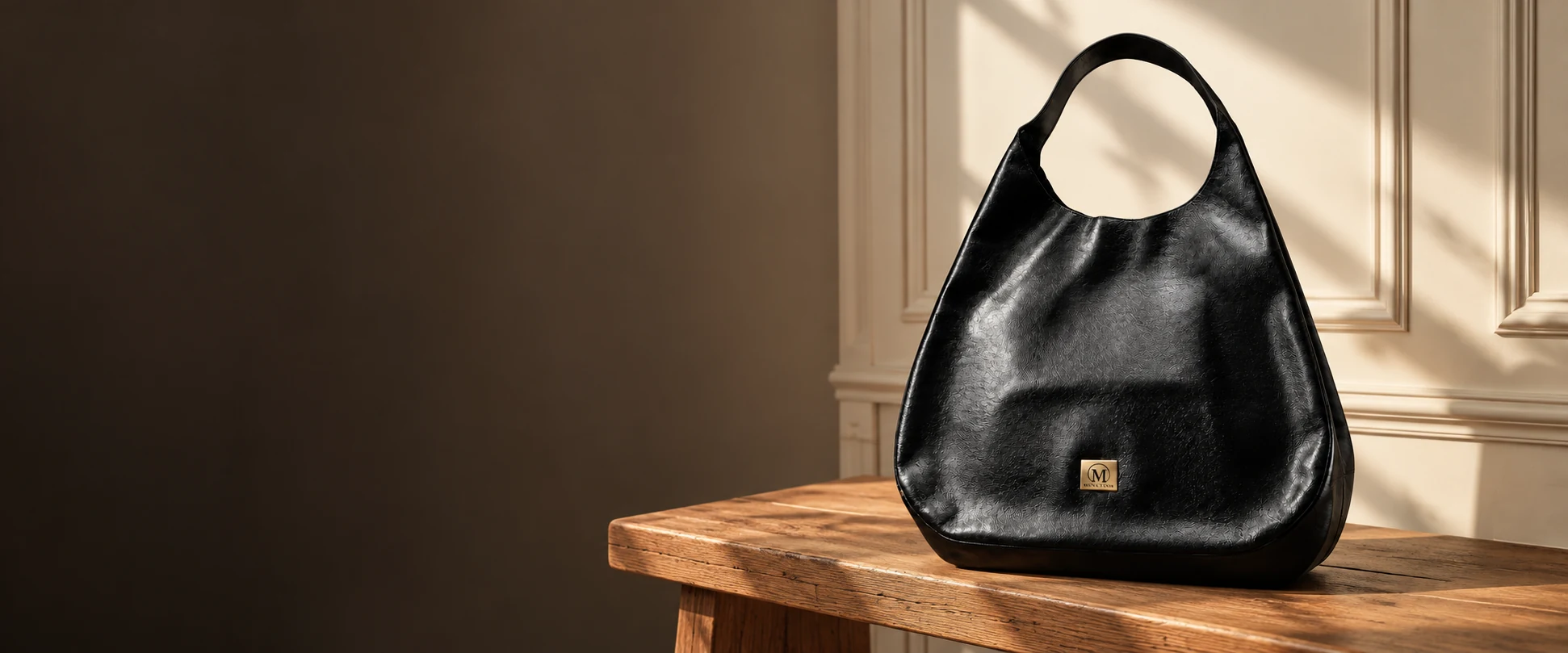 Oversized Leather Hobo Bag displayed on a timber bench against warm cream panelling