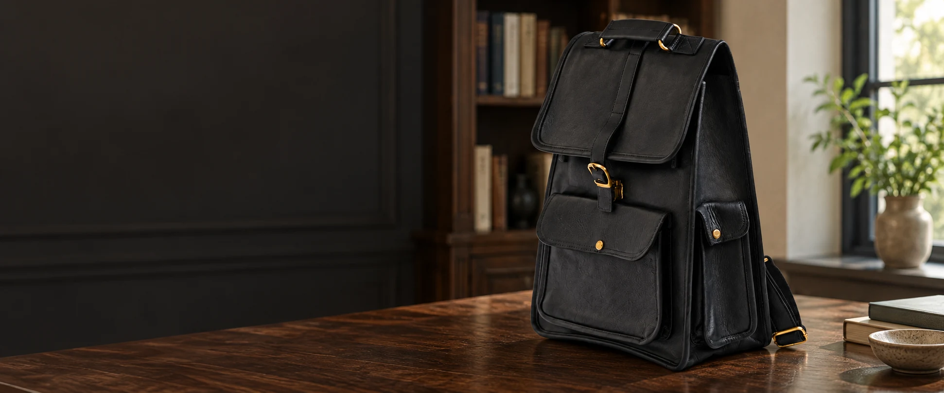Buckle-Flap Leather Backpack displayed on a low dark-wood table in a reading room