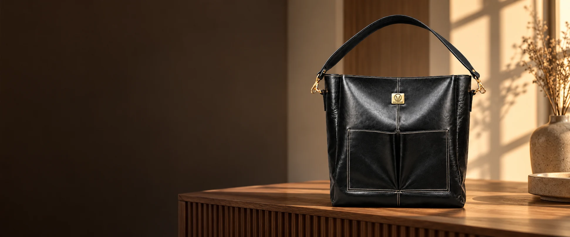 Double-Pocket Leather Tote Bag displayed on a fluted timber console in a quiet boutique