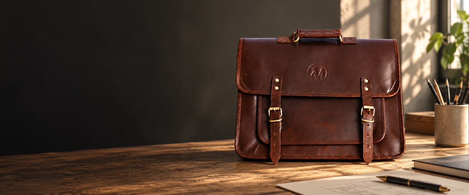 Compact Twin-Buckle Leather Messenger Bag displayed on a work table in a contemporary design studio