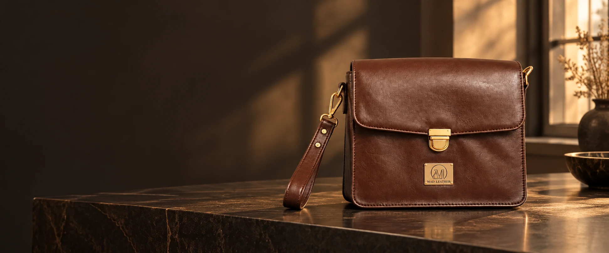 Leather Handheld Clutch displayed on a dark display table in an elegant showroom