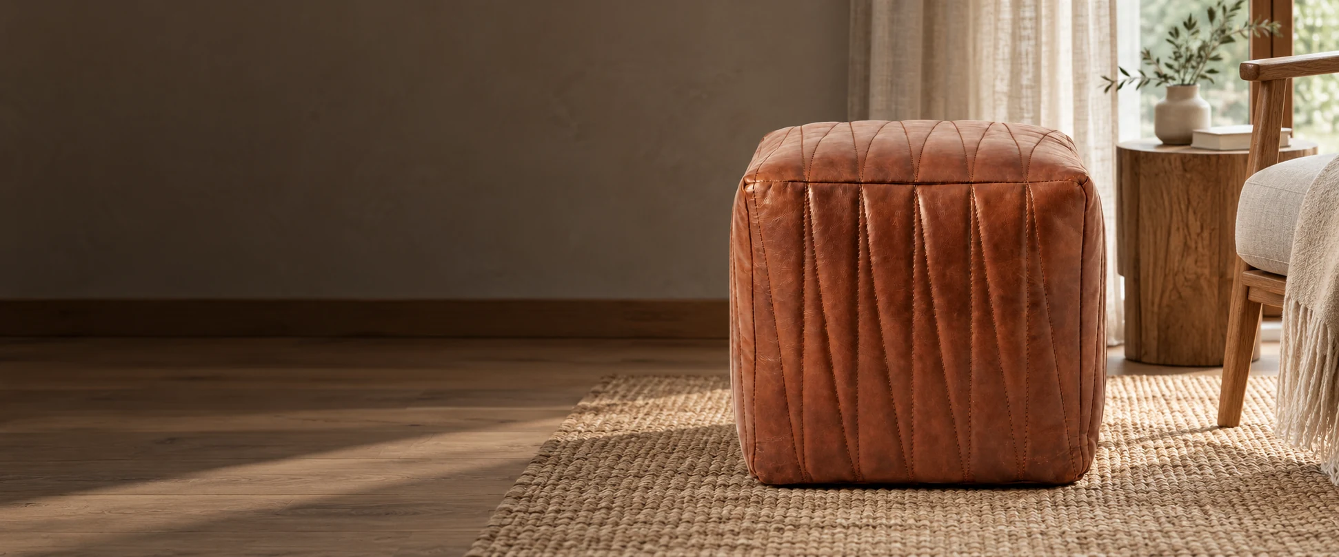 Square Leather Pouf Cover styled in a reading corner with neutral linen and warm timber