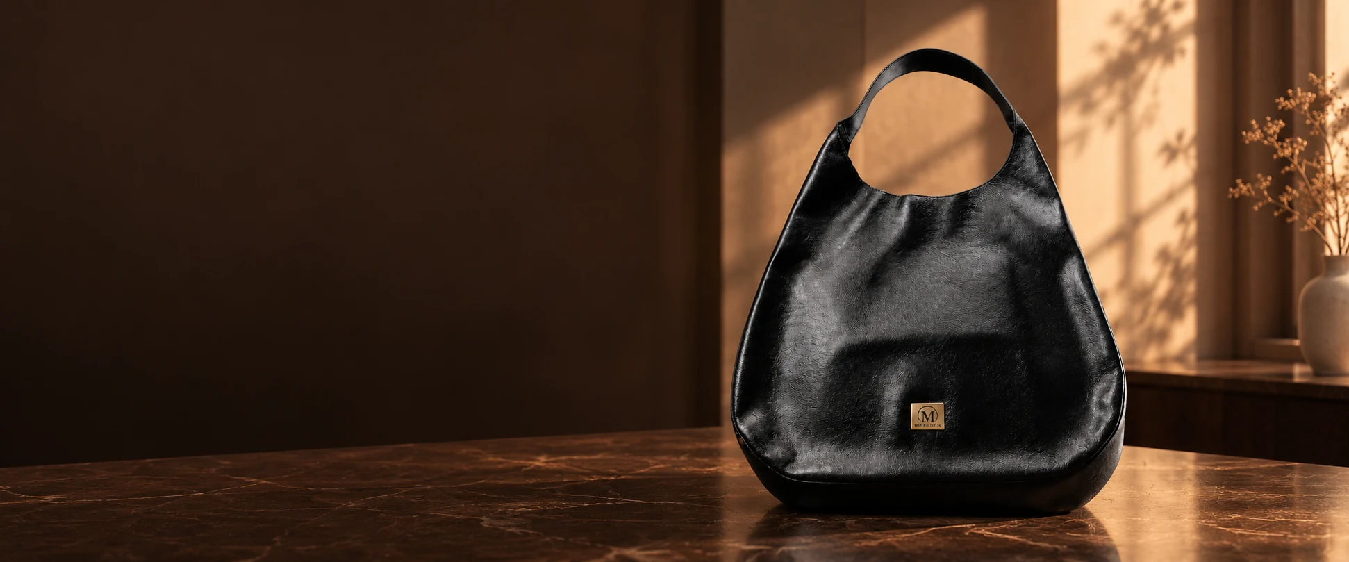 Oversized Leather Hobo Bag displayed on a deep brown retail counter with subtle daylight