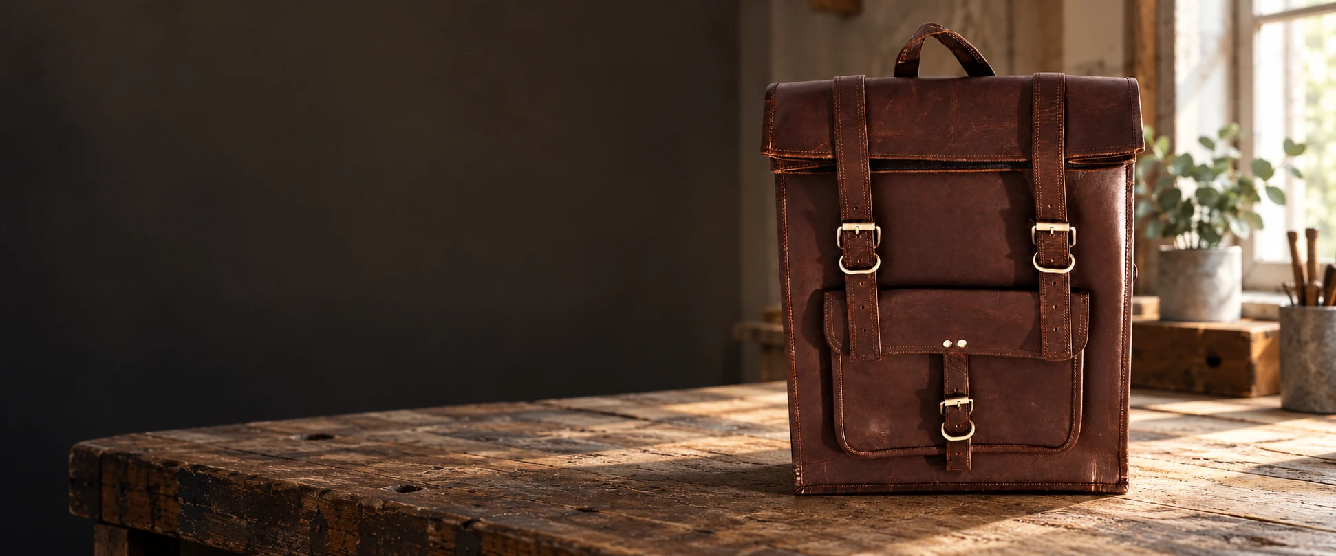 Leather Flap Backpack displayed on a reclaimed wood workbench in a tidy studio