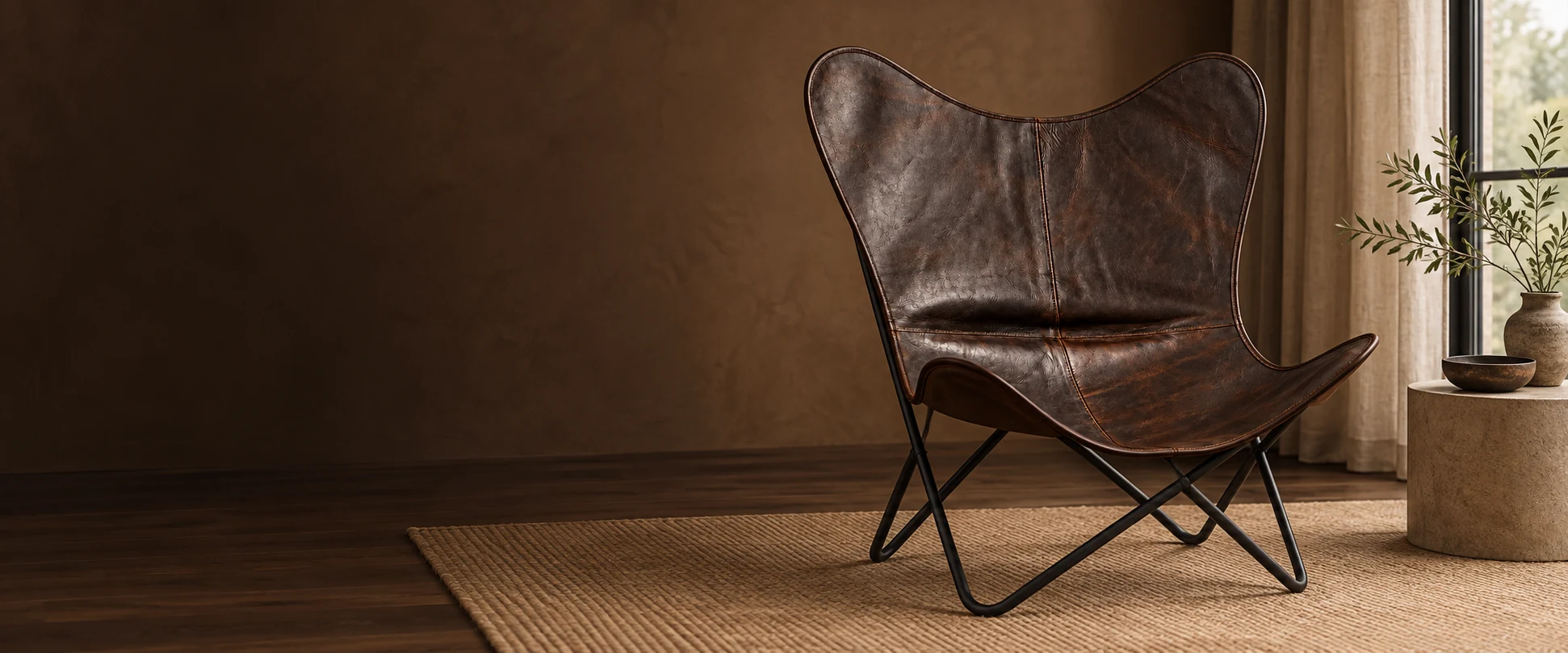 Leather Butterfly Chair Cover styled in a refined guest lounge with tobacco-toned walls