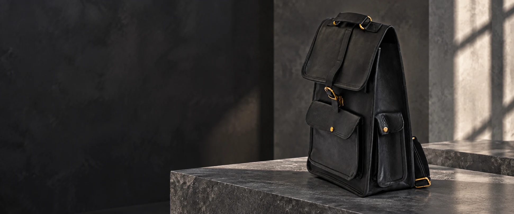 Buckle-Flap Leather Backpack displayed on a charcoal stone display in a leather showroom