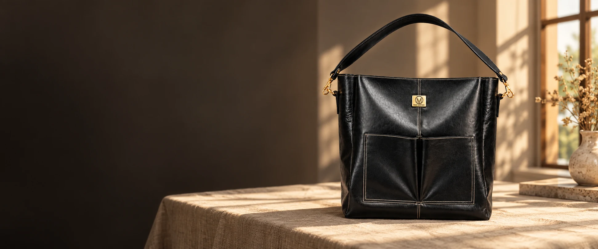 Double-Pocket Leather Tote Bag displayed on a linen-covered tabletop in a fashion studio