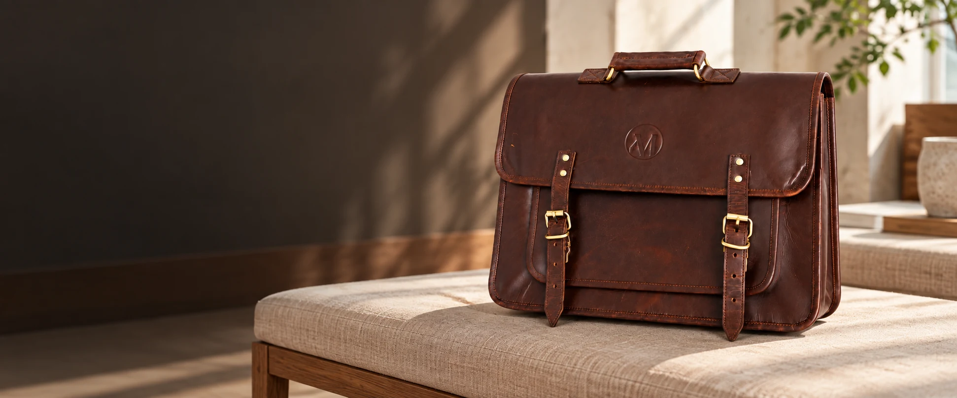 Compact Twin-Buckle Leather Messenger Bag displayed on a linen-covered bench in a bright work lounge