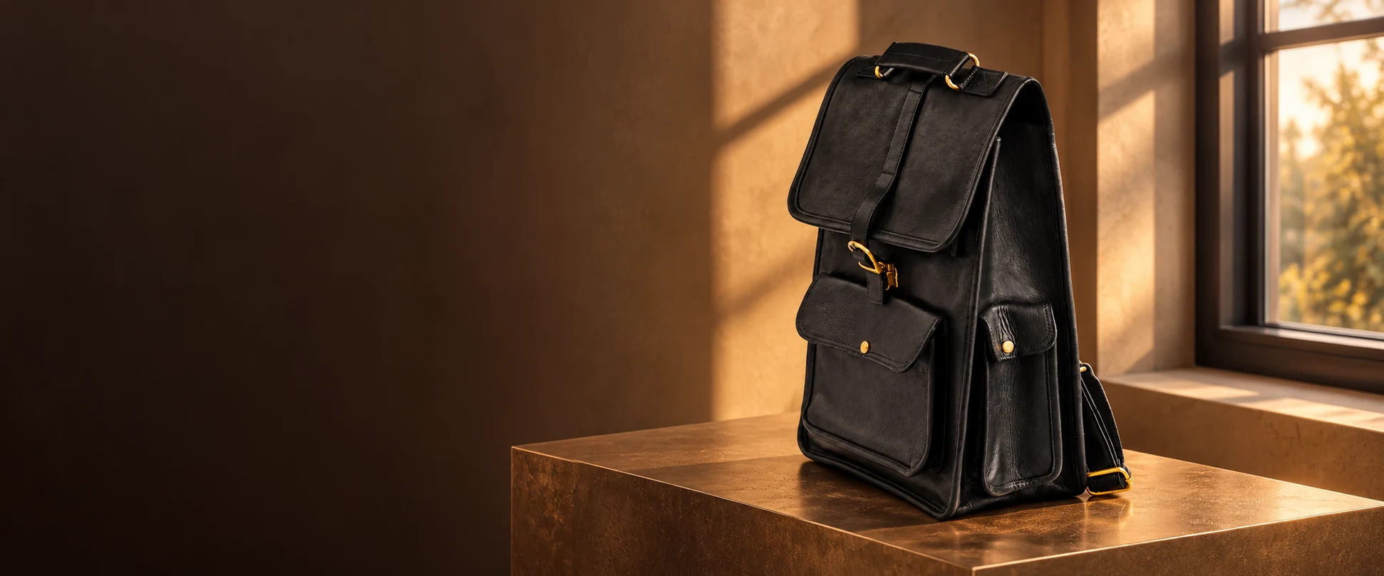 Buckle-Flap Leather Backpack displayed on a bronze-toned plinth beside an office window