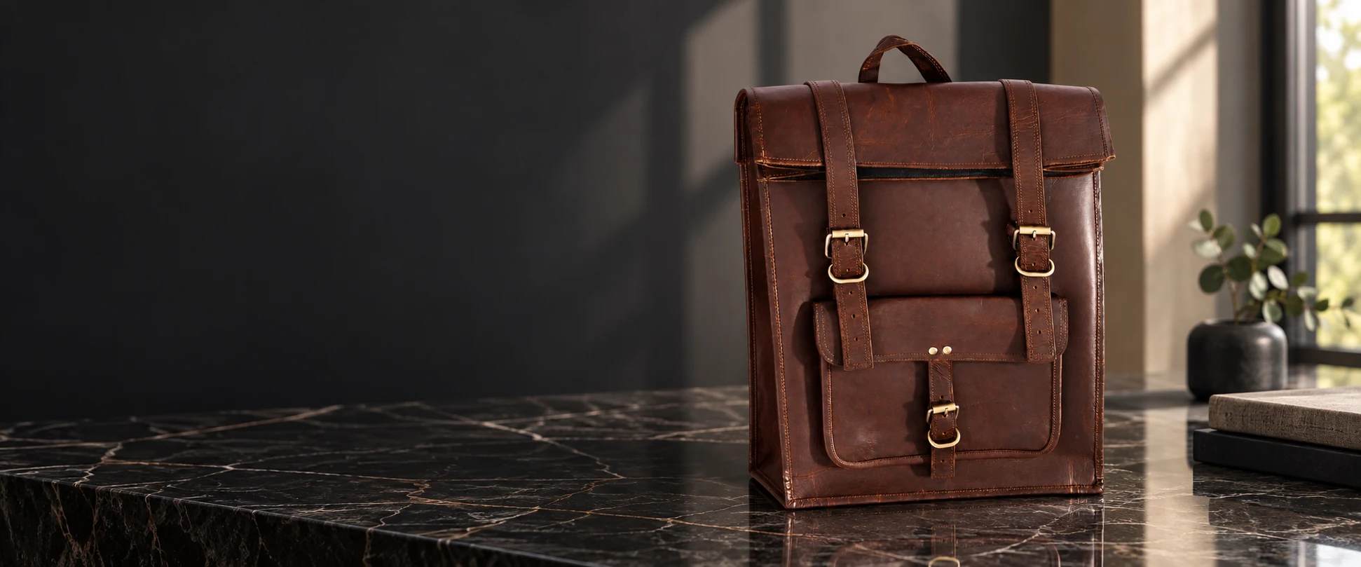 Leather Flap Backpack displayed on a black marble console in a minimalist office