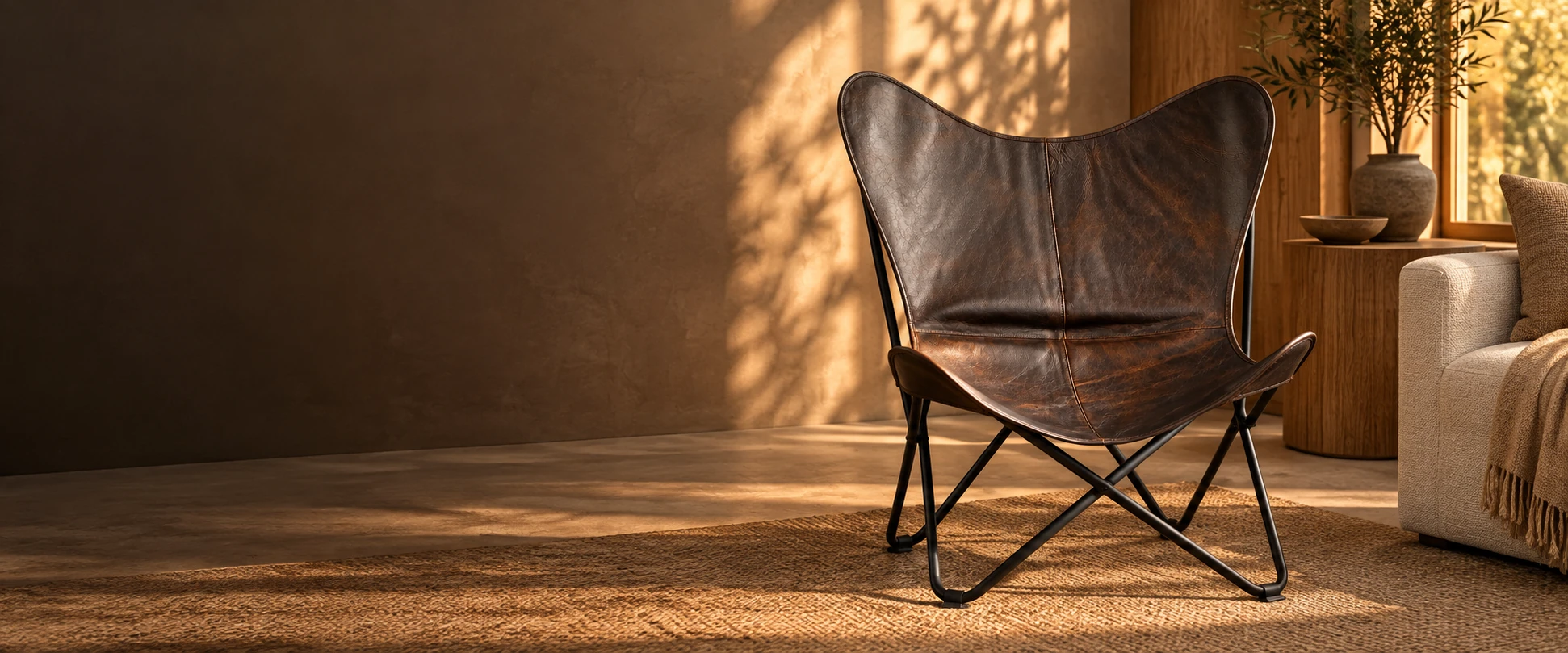 Leather Butterfly Chair Cover styled on a compatible display frame in an elegant lounge