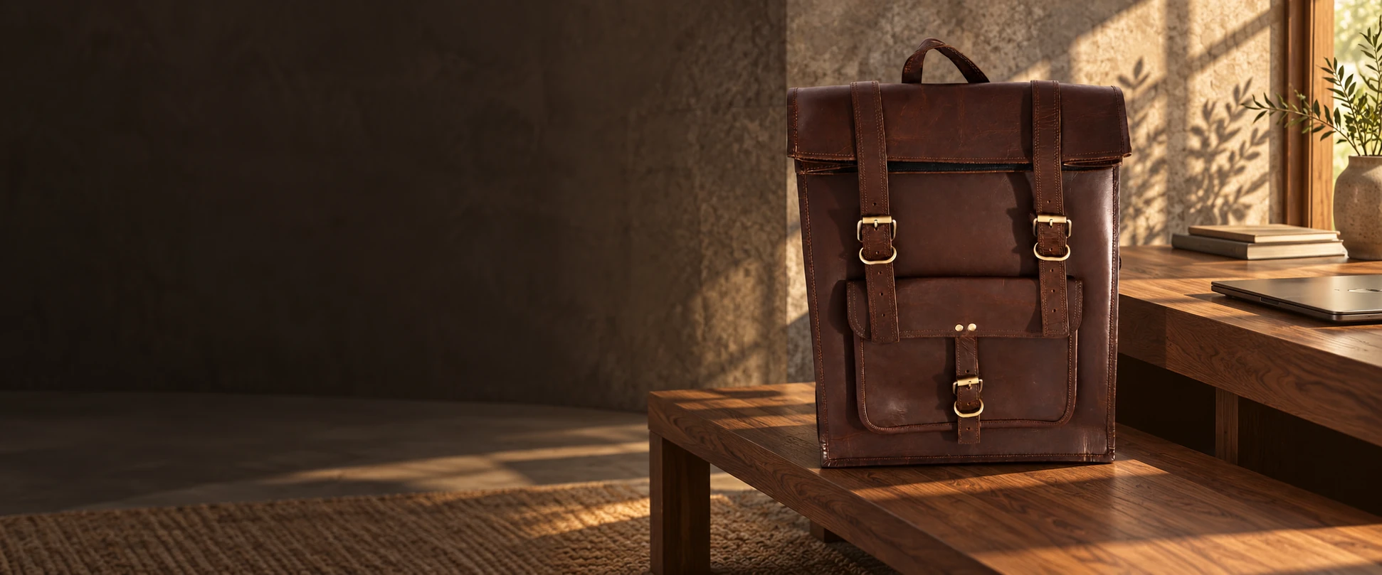 Leather Flap Backpack in an elegant contemporary interior