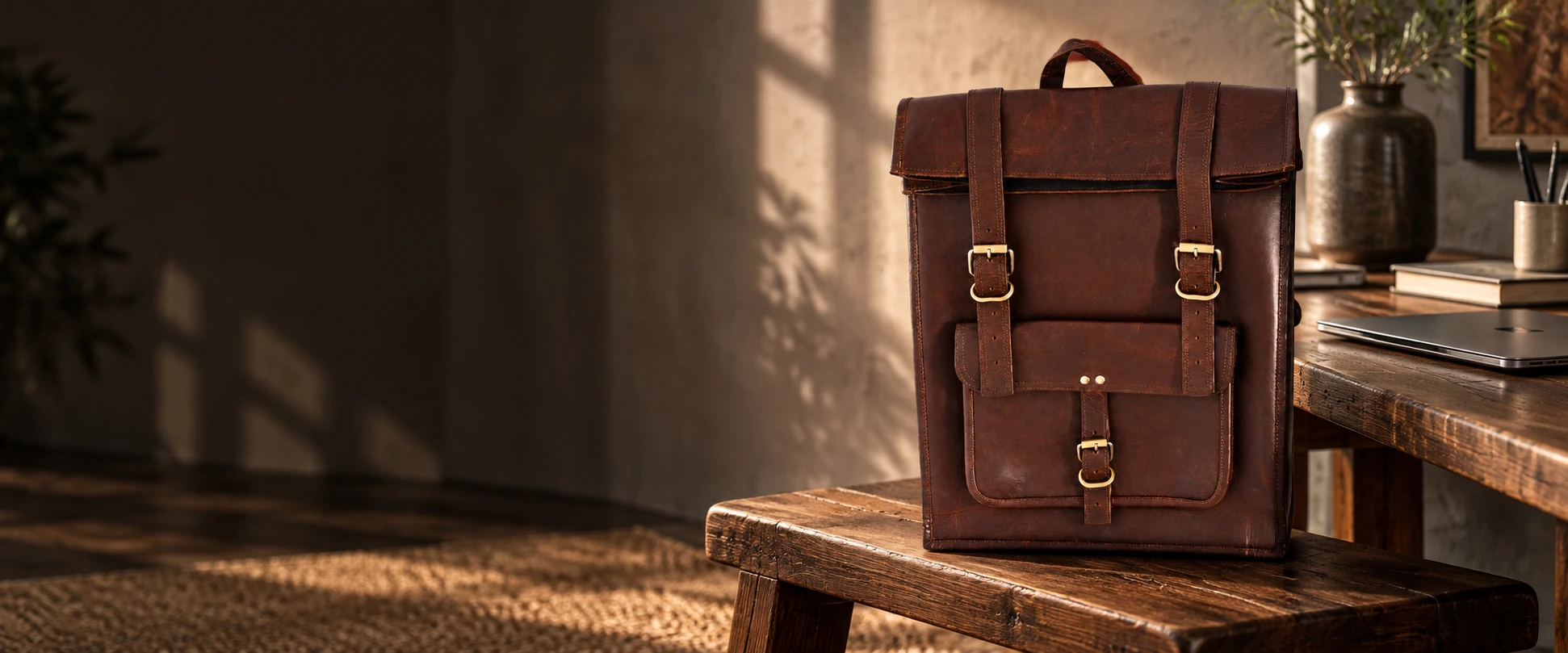 Leather Flap Backpack in an elegant contemporary interior