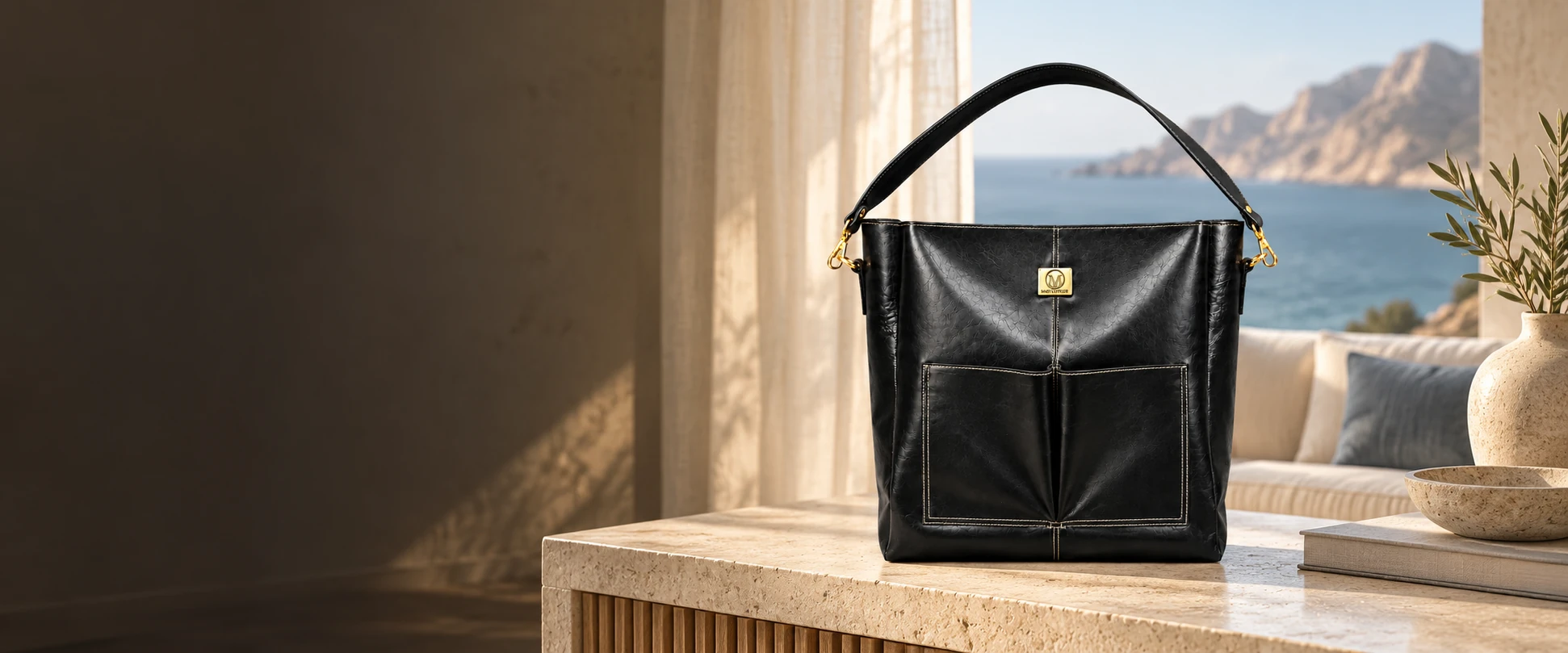 Double-Pocket Leather Tote Bag in an elegant contemporary interior